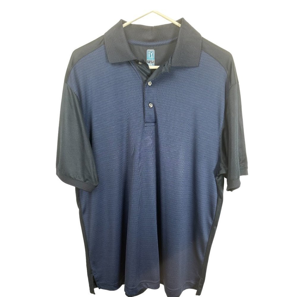 PGA‎ Tour Mens Large Navy Blue Black Textured Performance Golf Polo Shirt L